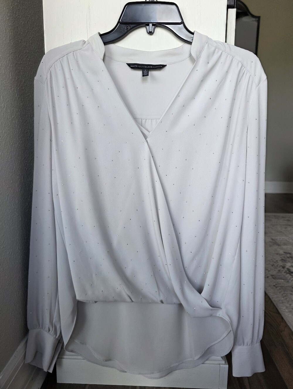 White House Black Market Gray Faux-Wrap Blouse with Subtle Sparkly Dots